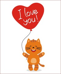 i love you, cute little cat with balloon, valentines day card