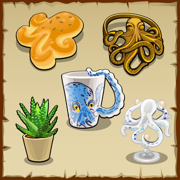 Five items with the image or form of an octopus
