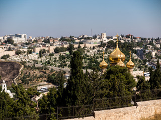 Mount of Olives in Jerusalem. Golden domes of the Church St. Mar