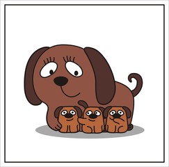 mother and child, cartoon mama dog and three little puppy
