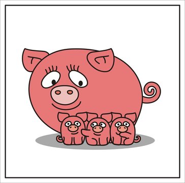mother and child, cartoon mama pig and three little pigs