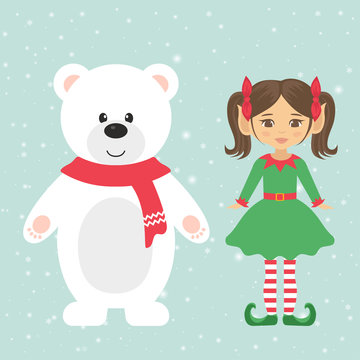 girl elf and winter bear