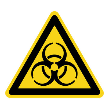 Biohazard Sign. Symbol of biological threat alert. Black hazard emblem isolated in yellow triangle on white background. Danger label. Warning icon. Stock Vector Illustration