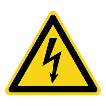 High Voltage Sign. Danger symbol. Black arrow isolated in yellow triangle on white background. Warning icon. Vector illustration 