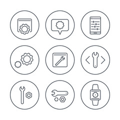 settings, tools, service line icons in circles, vector illustration
