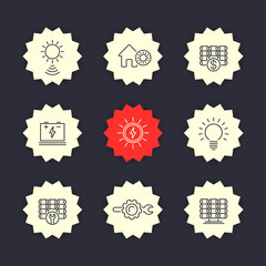 Solar energy line icons, solar power, panels installation, vector illustration