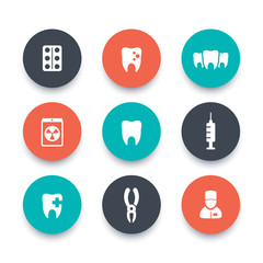 Teeth round icons, dental care, tooth cavity, toothcare, stomatology, vector illustration