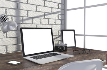 Fototapeta premium 3D illustration laptop and work stuff on table near brick wall, Workspace