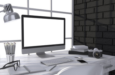 Fototapeta premium 3D illustration PC screen on table in office, Workspace