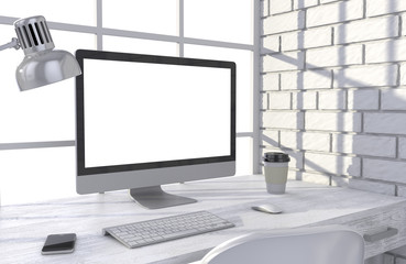 Fototapeta premium 3D illustration PC screen on table in office, Workspace