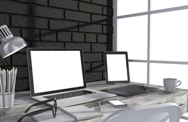 Fototapeta premium 3D illustration laptop and work stuff on table near brick wall, Workspace