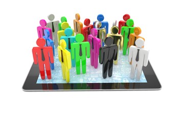 group of people figures on tablet PC, 3d render