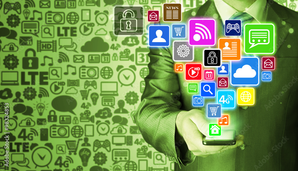 Wall mural business man using smart phone with social media icon set