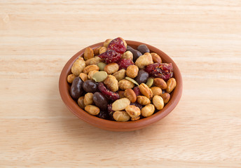 Soybean cranberry trail mix in small bowl on table