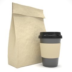 Coffee to go and lunch bag, on white.
