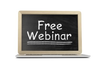  Laptop with chalkboard, free webinar, online education concept