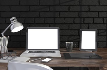 Fototapeta premium 3D illustration laptop and work stuff on table near brick wall, Workspace