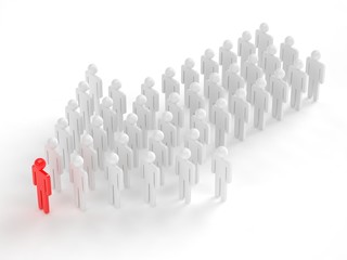 Many 3d people figure in arrow shape with the leader in front