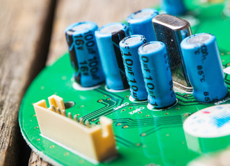 Inside the old computer. Electronic components of old laptop.