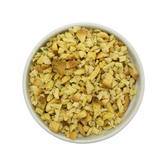 Dry stuffing mix in an old bowl top view