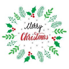 Hand drawn botanical frame . Hand lettering Merry Christmas card