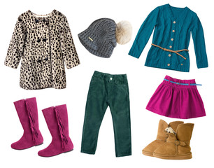 Child  girl female clothes set collage isolated.