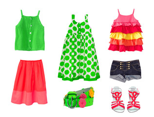 Collage female child clothes.Set kid fashion clothing.Isolated.