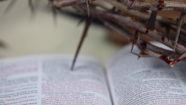 Panning from a crown of thorns to the Scriptures showing John 3:16