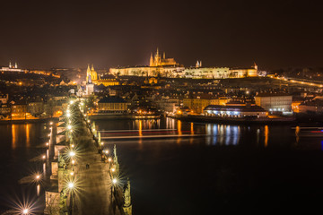 Aerial sunset view on Charles Bridge and Prague Castle, Czech Republic