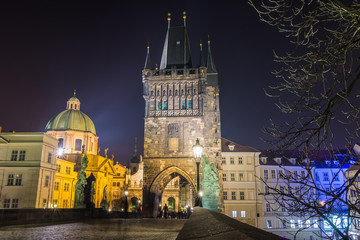 Fototapeta na wymiar Historic center of Prague from Charles bridge at night