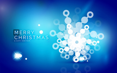 Christmas blue abstract background with white transparent snowflakes