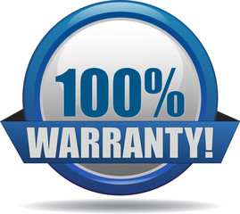 100% WARRANTY / realistic modern glossy 3D eps vector sign / icon in blue with a banderole