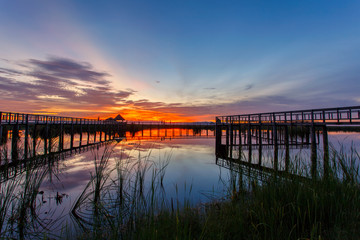Fototapeta premium Wooden Bridge in lotus lake on sunset time at Khao Sam Roi Yot National Park, Thailand