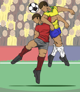 Vector illustration two players fighting for the ball and fan ball background