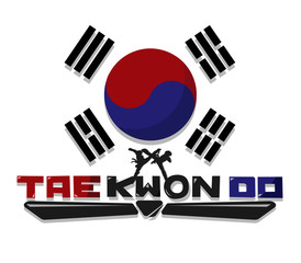 Create Taekwondo text graphic with flag Korea Background