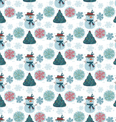 snowman, tree and snowflakes on white background seamless