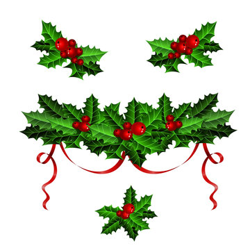 Decorative elements with Christmas holly set