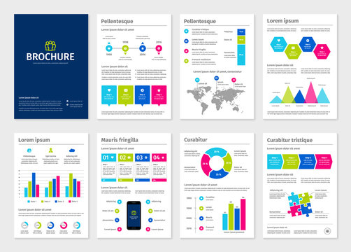 Business colorful A4 brochures with infographic vector elements.