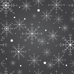 Vector seamless pattern with snowflakes on the gray background. Vintage background for winter and christmas theme. Snowy texture. 