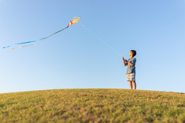 Fototapeta na wymiar Running with kite on summer holiday vacation, perfect meadow and