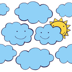 Clouds smiling. Cute Weather set vector seamless pattern.