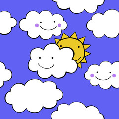 Clouds smiling. Cute Weather set vector seamless pattern.