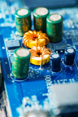 Inside the old computer. Electronic components of old laptop.