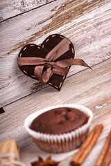 Heart shape, chocolate muffin and gift box