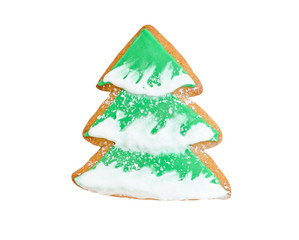 cookie christmas tree with snow isolated on white