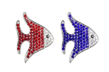 brooch blue and red fish isolated on white