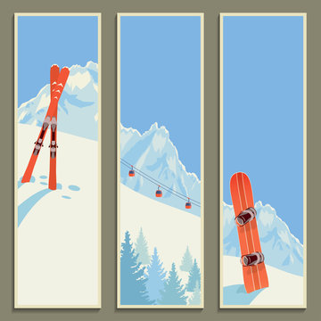 Set of banners with retro winter landscape, vector illustration, eps10.
