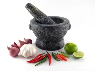 Foto auf Acrylglas Cooking ingredients and kitchenware in thai food on white background © andy0man