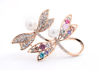 brooch in the form of dragonflies on a white background