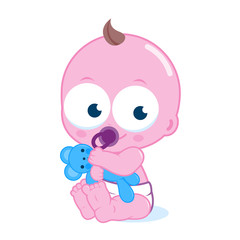 Cute baby playing with a teddy bear. Vector illustration